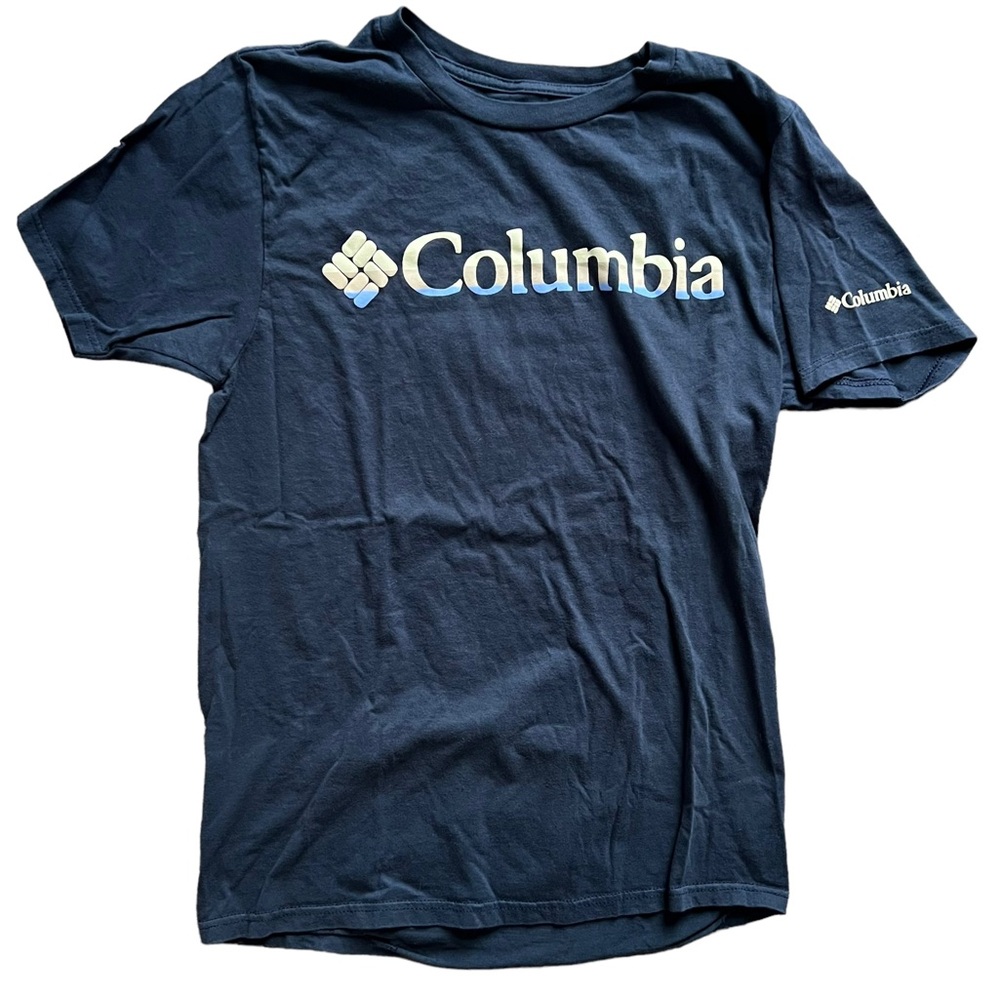 Columbia Men's Short Sleeve Spellout Graphic T-Shirt Dark Blue Beige size Medium